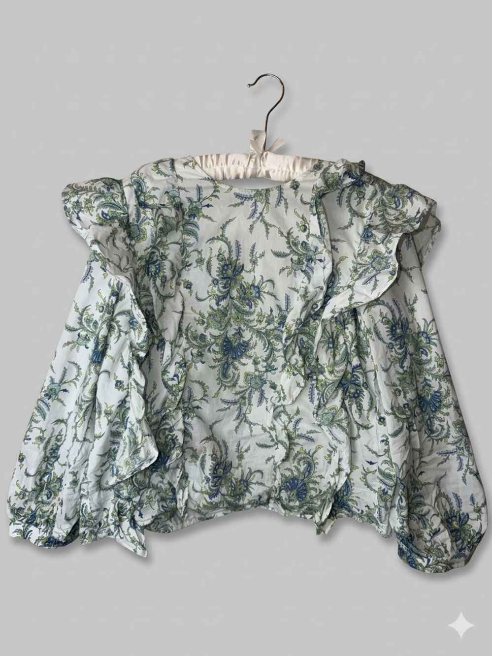 Zara Cotton Floral Ruffle 3/4 Long-Sleeve Top Sz. M - White/Blue/Green Pull on